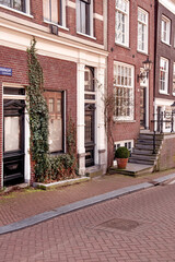 Beautiful facade of a building with plants in Amsterdam. A street in Amsterdam. The urban landscape in Amsterdam.