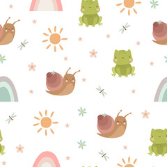 cute simple scandinavian style frog and snail pattern. kids animals and insects. rainbow and sun