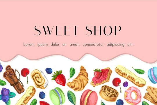 sweet caramel background. pink glaze flowing down. Dripping ice cream or yogurt flow down. Vector illustration. banner with flowing pink liquid or melting chocolate and fresh pastry, desserts, sweets.