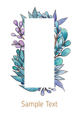 Hand drawn watercolor frames consisting of blue, turquoise and lilac and purple twigs, leaves and buds isolated on white background