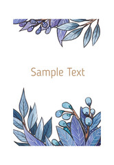 Hand drawn watercolor frames consisting of blue, turquoise and lilac and purple twigs, leaves and buds isolated on white background