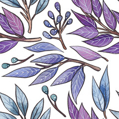 Watercolor seamless pattern with leaves, branches and flowers. Blue, turquoise, lilac and purple shades