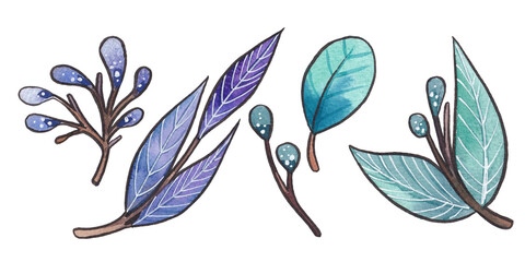 Hand-drawn watercolor blue, purple & turquoise twigs, leaves and buds isolated on white background