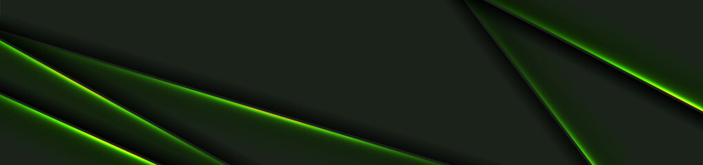 Abstract black background with green neon glowing stripes. Vector technology banner design