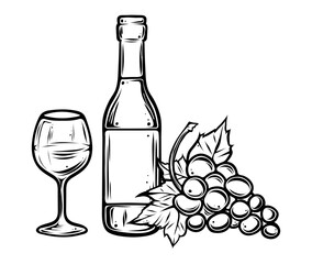 Wine bottle, glass and grapes, monochrome, vector
