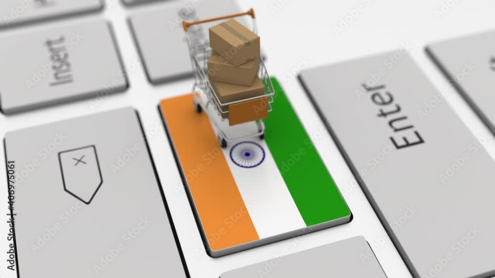 Poster keyboard key with flag of india and shopping cart with boxes. online shopping related looping 3d ani
