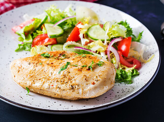 Ketogenic, keto food. Fried chicken fillet and fresh vegetable salad of tomatoes, cucumbers and lettuce. Chicken meat with salad. Healthy food.