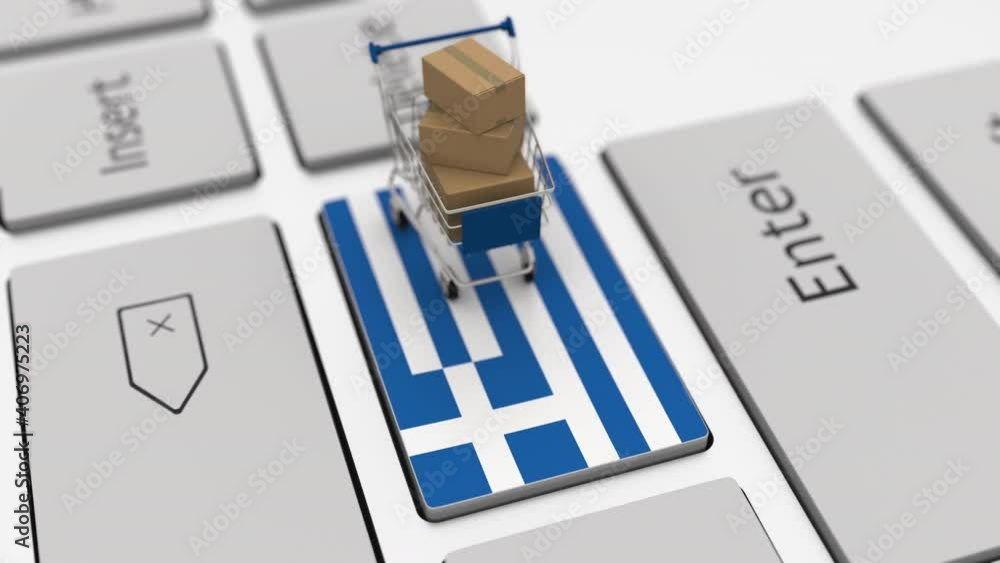 Poster keyboard key with flag of greece and shopping cart with boxes. online shopping related looping 3d an