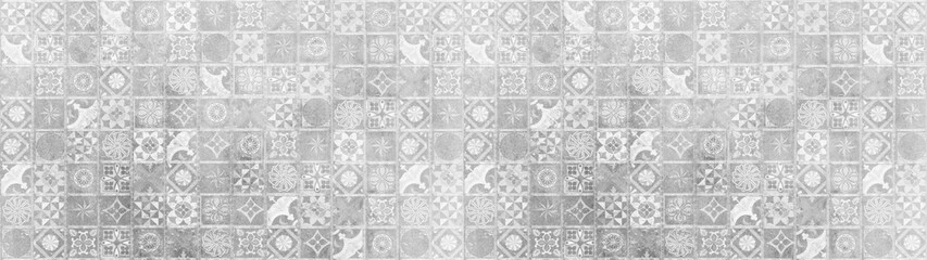 Gray white bright vintage retro geometric square mosaic motif cement tiles texture background banner panorama