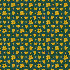 Seamless vector pattern with flowers and hearts. Floral illustration in flat style for wrapping paper, party decor, textile