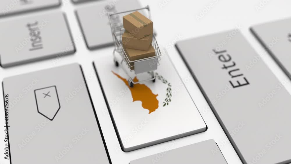 Poster computer keyboard key with flag of cyprus and shopping cart with cartons, looping online shopping co