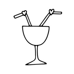 Doodle cocktail for two. Outline glass with straws isolated on white background. Crockery with hearts sign of love. Valentine's day, date, wedding romantic symbol. Vector festive cute illustration