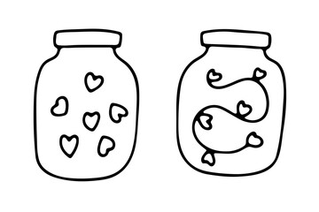Doodle glass jars with hearts. Outline Transparent container isolated on white background. Valentine's day sign. Festive decoration, home decor. Love, feelings cozy cute symbol. Vector illustration
