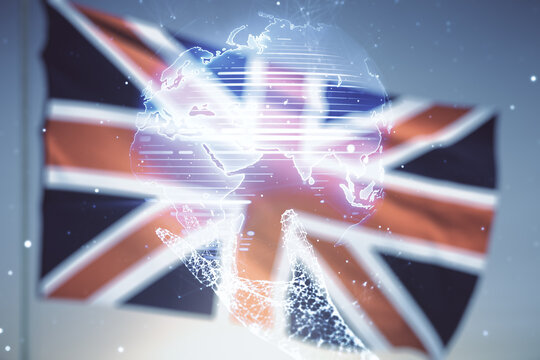 Double exposure of abstract digital world map on British flag and blue sky background, research and strategy concept - Powered by Adobe