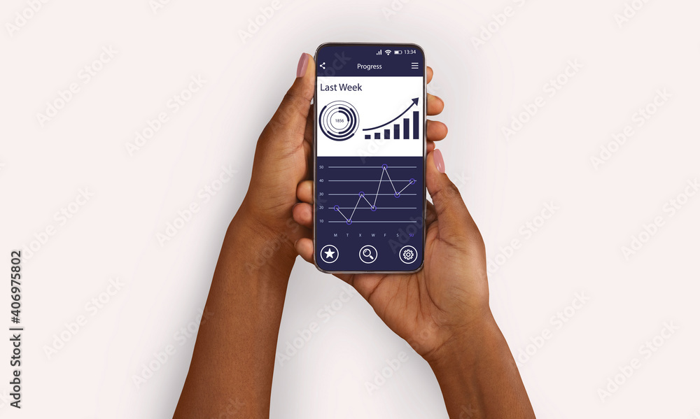 Poster female hands using phone with progress tracker app, white background