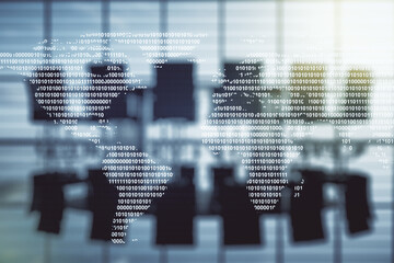 Fototapeta premium Abstract creative digital world map on a modern coworking room background, globalization concept. Multiexposure
