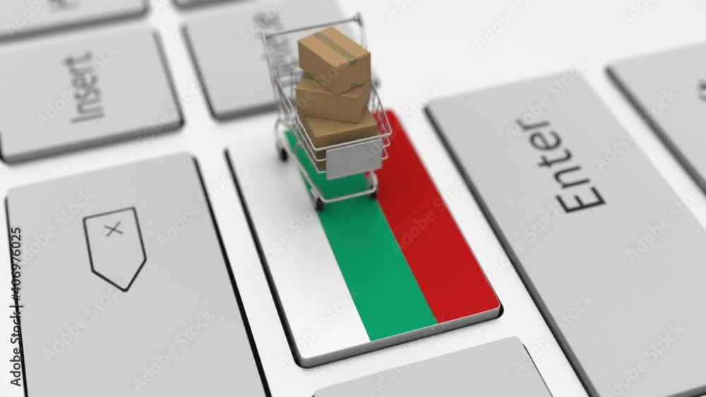 Poster keyboard key with flag of bulgaria and shopping cart with boxes. online shopping related looping 3d 