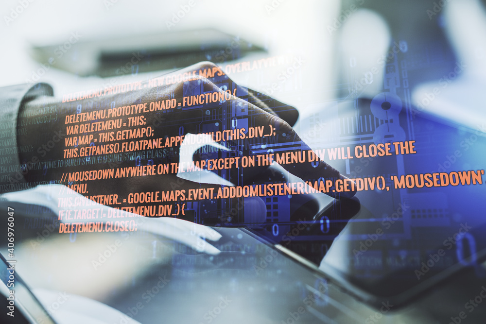 Poster double exposure of abstract creative programming illustration and finger clicks on a digital tablet 