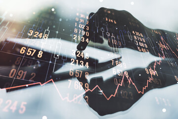 Abstract creative stats data concept with finger clicks on a digital tablet on background. Multiexposure