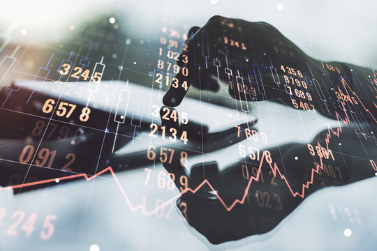 Abstract creative stats data concept with finger clicks on a digital tablet on background. Multiexposure