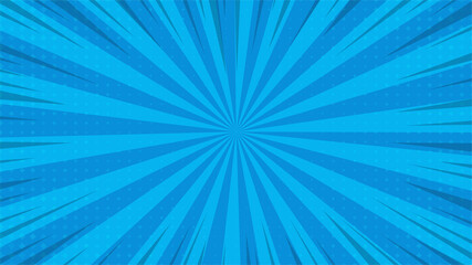 Abstract background comic cartoon blue zoom lines with halftone pattern.