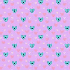 Pink seamless background with blue, pink and yellow hearts