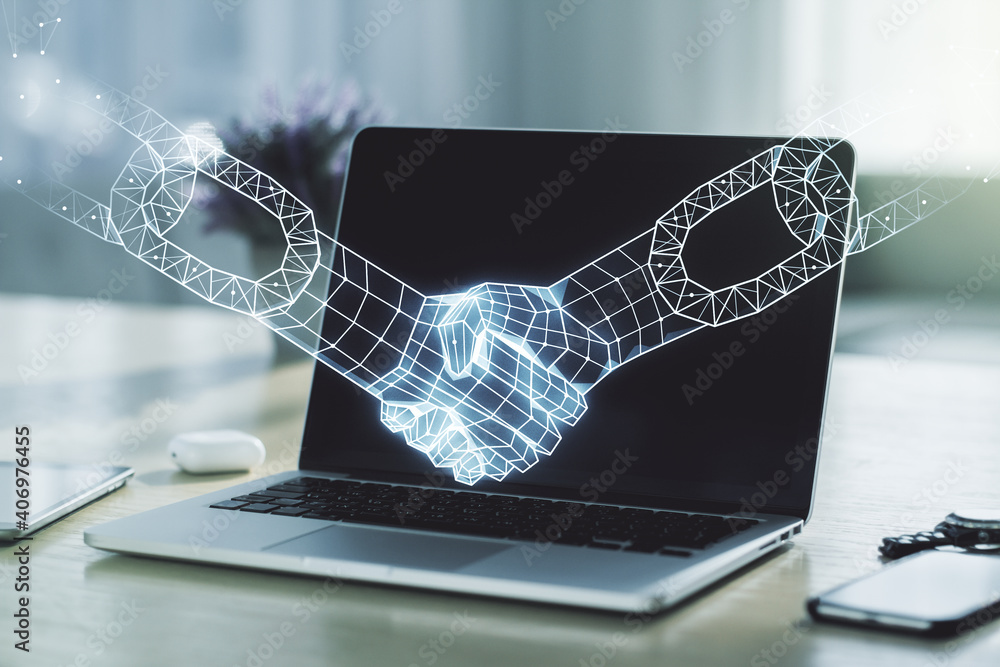 Aufkleber creative abstract block chain technology sketch with handshake on modern laptop background, future t