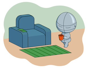 The cute robot character goes to drink tea or coffee in a chair to sniff. Color cartoon illustration vector.