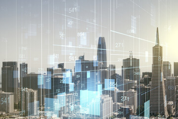 Abstract virtual stats data hologram on San Francisco skyline background. Multiexposure