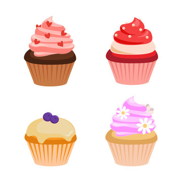 Cute colorful cream cupcakes of different taste and color. Flat vector dessert decoration clip art set.