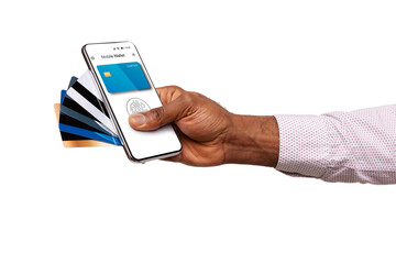 Hand Holding Smartphone With Payment Application And Cards, White Background