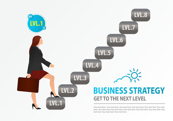 Novice business woman starts to climb the stairs. Concept of Business Strategy, Wealth-Building Business, Growth, balance, success, training, logo, business opportunities.