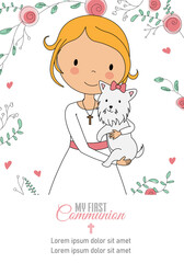 First communion card. Girl with puppy with floral background