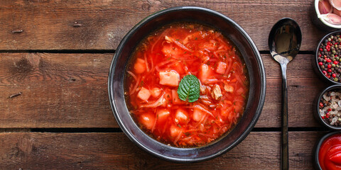 borscht red tomato soup first course bouillon meat and vegetables on the table meal snack keto or paleo diet
outdoor top view copy space for text food background rustic image 