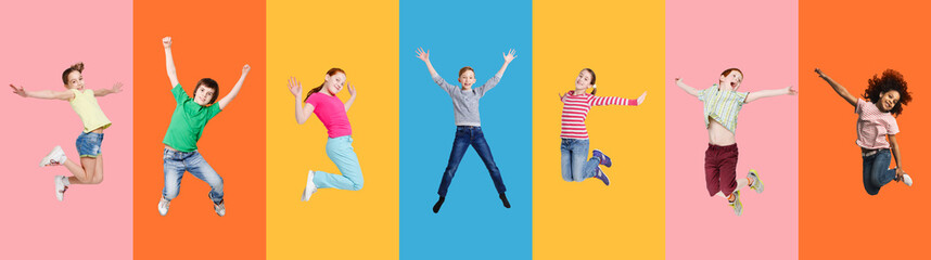 Collage With Excited Diverse Children Jump Over Different Bright Backgrounds