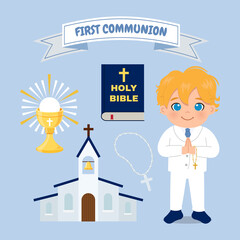 Cute blonde boy first communion clip art bundle set. Religious flat vector design of bible, sacrament, church, rosary.