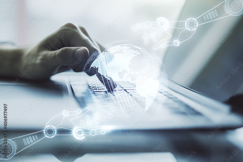 Poster creative concept of robotics technology with globe sketch and hands typing on laptop on background. 