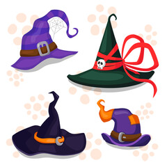 Set of four halloween hats. Cartoon vector illustration. All elements are isolated.