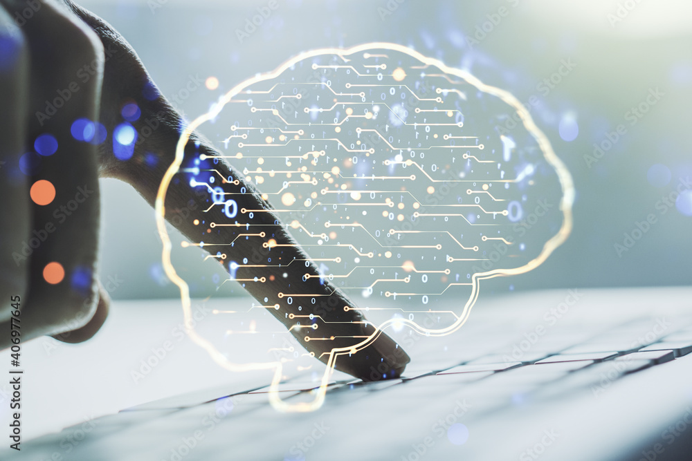 Poster double exposure of creative artificial intelligence symbol with hands typing on laptop on background
