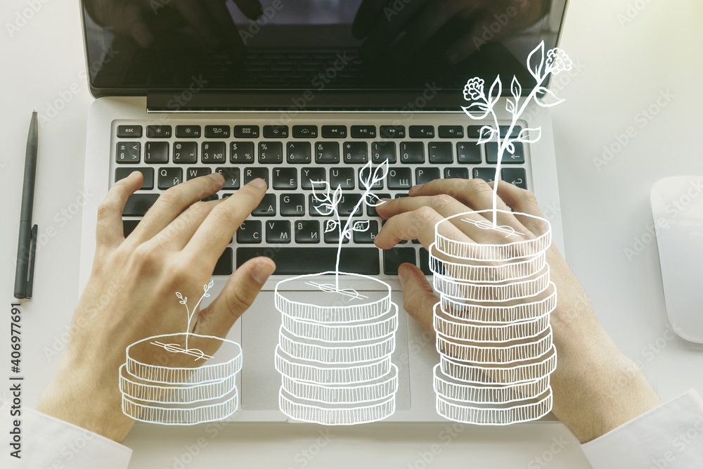 Poster creative abstract money savings sketch and hands typing on computer keyboard on background, accumula