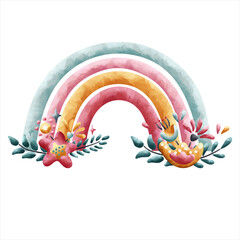 Rainbow of four colors with bouquets of flowers. Watercolor style. Muted colors. Isolated on a white background. Cute clipart for posters, invitations, banners, children's room decor.