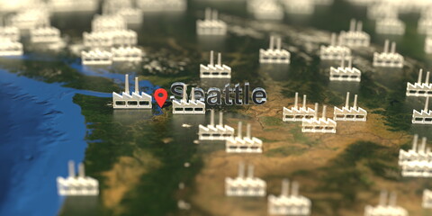 Seattle city and factory icons on the map, industrial production related 3D rendering