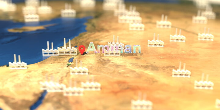 Factory icons near Amman city on the map, industrial production related 3D rendering