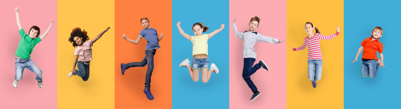 Happy Diverse Kids Jumping Posing Over Different Colorful Backgrounds, Collage