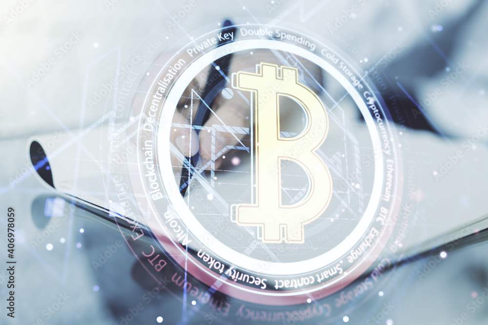 Poster Double exposure of creative Bitcoin symbol hologram with man hand writing in notepad on background. Mining and blockchain concept