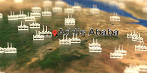 Addis Ababa city and factory icons on the map, industrial production related 3D rendering