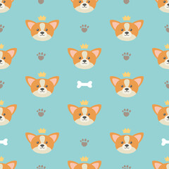 Cute pattern with dog breed welsh corgi on a blue background with paw prints, bones. For packaging, wrapping paper, textiles.