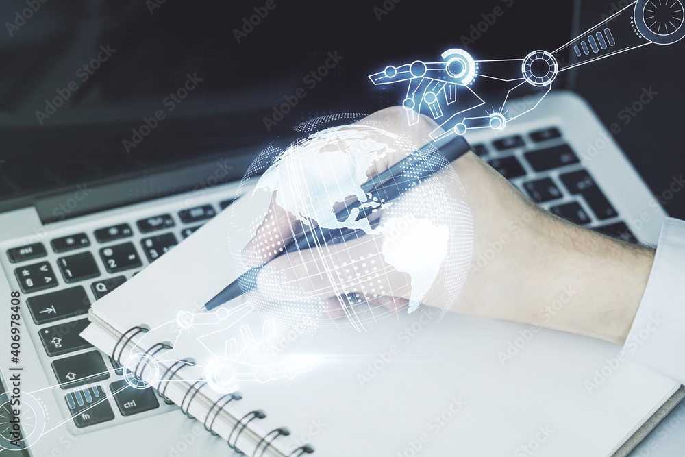 Aufkleber creative abstract robotics technology sketch with globe and hand writing in notepad on background wi