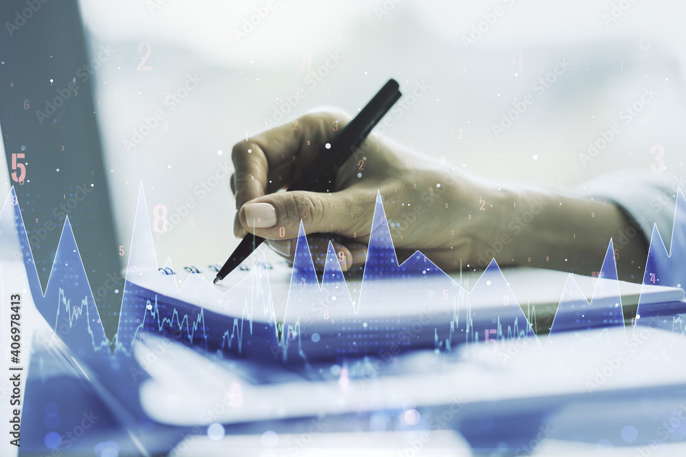 Poster multi exposure of creative statistics data hologram with hand writing in notebook on background with