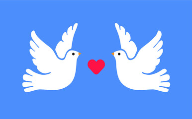 Two white doves with heart on blue background. Vector isolated.
